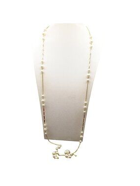 Xtra Long Gold-Tone Faux Pearl Station Necklace with Elegant Gold Tone Chain Lin